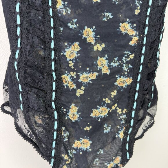 Free People Intimately Say It To Me Floral Mesh Bodysuit Small Black Blue Lace - Picture 4 of 8